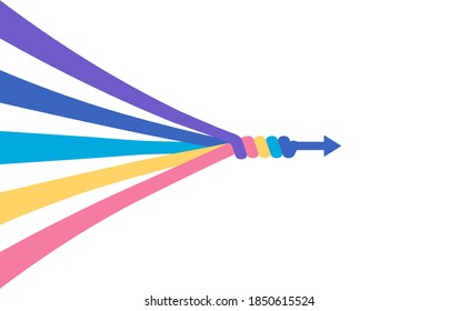 The abstract concept of teamwork, partnership, merger, alliance. Many multi-colored lines merge into a single arrow. Flat vector illustration isolated in white background.