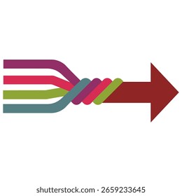 Concepto abstracto de trabajo en equipo, asociación, fusión, alianza. Muchas líneas multicolores se fusionan en una sola flecha. Ilustración vectorial plana.