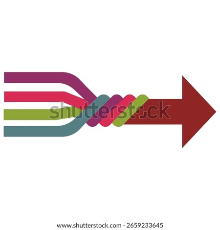 abstract concept of teamwork, partnership, merger, alliance. Many multi-colored lines merge into a single arrow. Flat vector illustration.