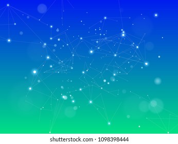 abstract concept - technology blue green background - a digital network composed of a point connected by lines into triangles - similar to constellations, stars and galaxies in space or blockchain