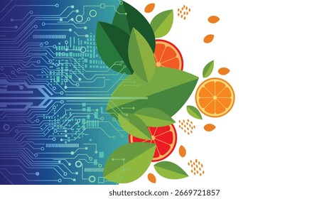 Concepto Abstractas de la fusión de la tecnología y de la naturaleza con el tablero de circuito digital, la fruta naranja fresca, las hojas verdes y el fondo del diseño de la innovación del eco