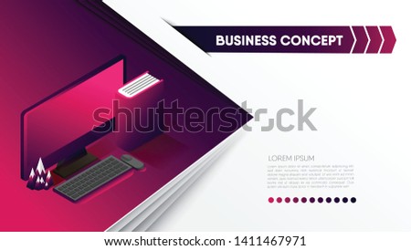 Abstract concept template with copy space for text. Computer desktop, keyboard, mouse, keyboard, mountain model, on gradient pink purple background. Paper cut style. EPS10, vector and illustration.