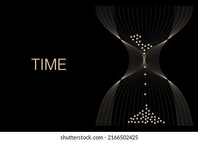 Abstract concept of time. Hourglass from gold light lines and diamond  particles flowing isolated on black background. Vector illustration in modern, luxury, elegant colors.