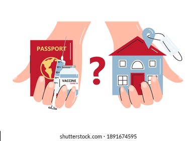 Abstract concept of travel possibility with vaccination campaign. Hands holding foreign passport,syringe, vaccine and your house location with mask. Make choice. Vector flat line illustration isolated