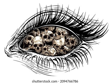 Abstract concept vector illustration of female human eye full of skulls.