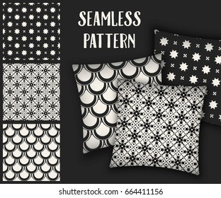 Abstract concept vector monochrome geometric pattern. Black and white minimal background. Creative illustration template. Seamless stylish texture. For wallpaper, surface, web design, textile, decor