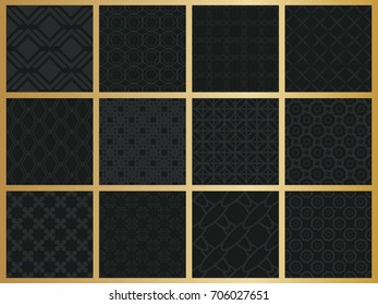Abstract concept vector monochrome geometric pattern. Dark blue, gold minimal background. Creative illustration template. Seamless stylish texture. For wallpaper, surface, web design, textile, decor
