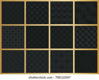 Abstract concept vector monochrome geometric pattern. Dark blue, gold minimal background. Creative illustration template. Seamless stylish texture. For wallpaper, surface, web design, textile, decor