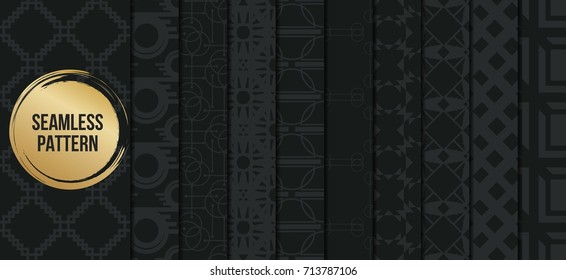 Abstract concept vector monochrome geometric pattern. Dark blue, gold minimal background. Creative illustration template. Seamless stylish texture. For wallpaper, surface, web design, textile, decor