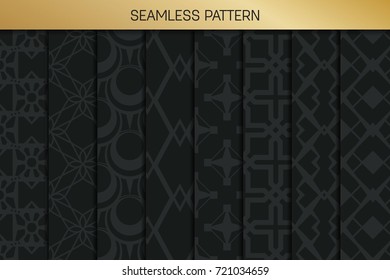 Abstract concept vector monochrome geometric pattern. Dark blue, gold minimal background. Creative illustration template. Seamless stylish texture. For wallpaper, surface, web design, textile, decor