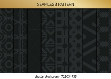 Abstract concept vector monochrome geometric pattern. Dark blue, gold minimal background. Creative illustration template. Seamless stylish texture. For wallpaper, surface, web design, textile, decor
