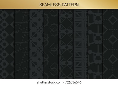 Abstract concept vector monochrome geometric pattern. Dark blue, gold minimal background. Creative illustration template. Seamless stylish texture. For wallpaper, surface, web design, textile, decor