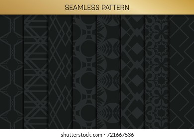 Abstract concept vector monochrome geometric pattern. Dark blue, gold minimal background. Creative illustration template. Seamless stylish texture. For wallpaper, surface, web design, textile, decor