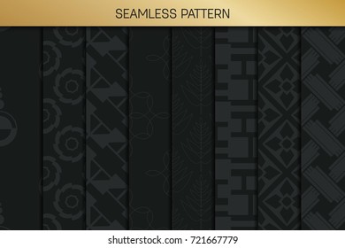Abstract concept vector monochrome geometric pattern. Dark blue, gold minimal background. Creative illustration template. Seamless stylish texture. For wallpaper, surface, web design, textile, decor
