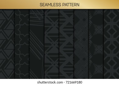 Abstract concept vector monochrome geometric pattern. Dark blue, gold minimal background. Creative illustration template. Seamless stylish texture. For wallpaper, surface, web design, textile, decor