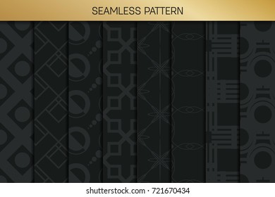 Abstract concept vector monochrome geometric pattern. Dark blue, gold minimal background. Creative illustration template. Seamless stylish texture. For wallpaper, surface, web design, textile, decor