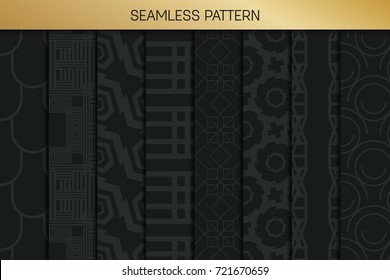 Abstract concept vector monochrome geometric pattern. Dark blue, gold minimal background. Creative illustration template. Seamless stylish texture. For wallpaper, surface, web design, textile, decor