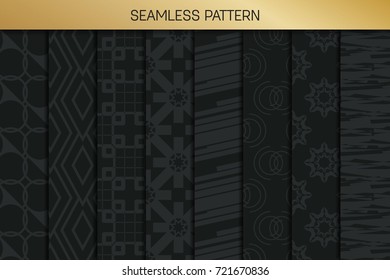Abstract concept vector monochrome geometric pattern. Dark blue, gold minimal background. Creative illustration template. Seamless stylish texture. For wallpaper, surface, web design, textile, decor
