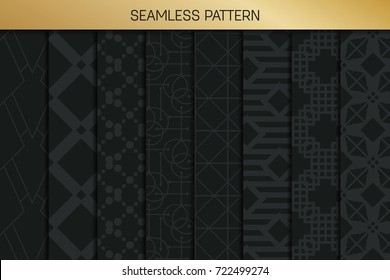 Abstract concept vector monochrome geometric pattern. Dark blue, gold minimal background. Creative illustration template. Seamless stylish texture. For wallpaper, surface, web design, textile, decor