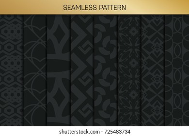 Abstract concept vector monochrome geometric pattern. Dark blue, gold minimal background. Creative illustration template. Seamless stylish texture. For wallpaper, surface, web design, textile, decor