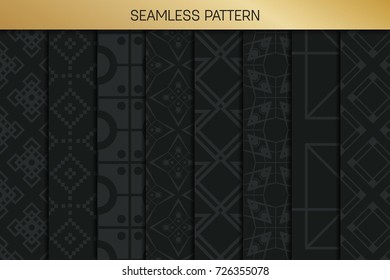 Abstract concept vector monochrome geometric pattern. Dark blue, gold minimal background. Creative illustration template. Seamless stylish texture. For wallpaper, surface, web design, textile, decor