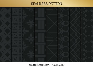 Abstract concept vector monochrome geometric pattern. Dark blue, gold minimal background. Creative illustration template. Seamless stylish texture. For wallpaper, surface, web design, textile, decor