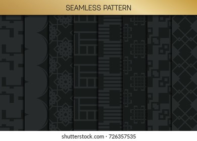 Abstract concept vector monochrome geometric pattern. Dark blue, gold minimal background. Creative illustration template. Seamless stylish texture. For wallpaper, surface, web design, textile, decor