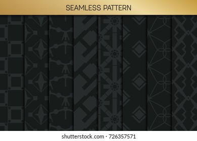 Abstract concept vector monochrome geometric pattern. Dark blue, gold minimal background. Creative illustration template. Seamless stylish texture. For wallpaper, surface, web design, textile, decor