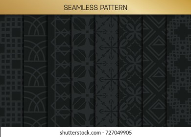 Abstract concept vector monochrome geometric pattern. Dark blue, gold minimal background. Creative illustration template. Seamless stylish texture. For wallpaper, surface, web design, textile, decor