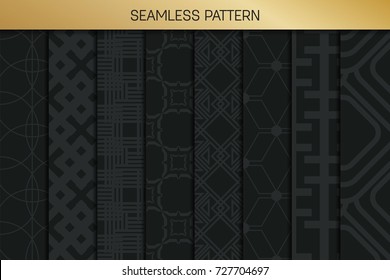 Abstract concept vector monochrome geometric pattern. Dark blue, gold minimal background. Creative illustration template. Seamless stylish texture. For wallpaper, surface, web design, textile, decor
