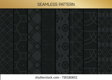 Abstract concept vector monochrome geometric pattern. Dark blue, gold minimal background. Creative illustration template. Seamless stylish texture. For wallpaper, surface, web design, textile, decor