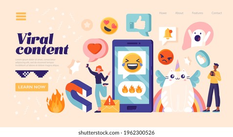 Abstract concept of viral content. Tiny characters near huge mobile with funny cat unicorn. Social media blogging, followers attracting. Flat cartoon vector illustration