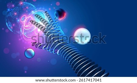 Abstract concept of VR or virtual reality. User hand reaches for VR interface in cyberspace or virtual reality simulation. VR simulation. Hand in cyberspace among hanging virtual interface elements.