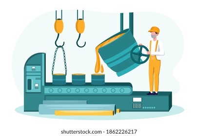 Abstract Concept. Worker Of Metallurgy Industry At Work. Male Character In Uniform Melting Metal In Big Foundry And Pouring Hot Molten Steel Or Iron In Form. Flat Cartoon Vector Illustration