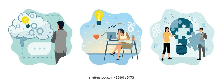 Abstract concepts of brain activity. Thinking and searching for new ideas. A woman sits pensively and imagines an idea. Two entrepreneurs work together and solve a problem.