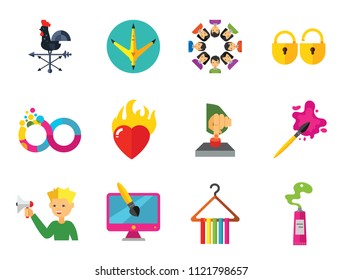 Abstract Concepts Icon Set. Team Press Button Burning Heart Hand With USB Cable Padlocks Weathercock Hen Paw Print Man With Megaphone Infinity Fashion Design Brush Paint Tube