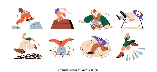 Abstract concepts with people jumping over, overcoming obstacles, dangers, risks on way to goal, success. Life and business challenges. Flat vector illustrations set isolated on white background