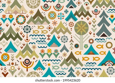 Abstract conceptual design celebrates outdoors adventure, representing plants, flowers, woodland, forest, mountains, trees, camping tents, fish and water in v-shapes and other earthy shades geometrics
