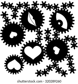 Abstract conceptual illustration consisting of gears and different objects inside them