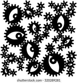 Abstract conceptual illustration consisting of gears and different objects inside them