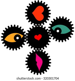 Abstract conceptual illustration consisting of gears and different objects inside them