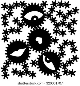 Abstract conceptual illustration consisting of gears and different objects inside them