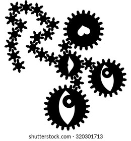 Abstract conceptual illustration consisting of gears and different objects inside them