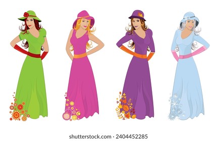 Resumen de la ilustración conceptual de un retrato aislado de una niña en cuatro trajes diferentes 