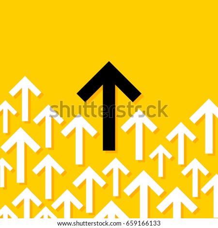 Abstract conceptual illustration of several white arrows and one bigger black arrow pointing in the same direction on yellow background