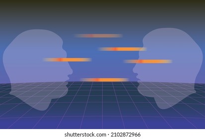 dos cabezas humanas transparentes unas contra otras intercambiando pensamiento, fondo de ratrowave, red de cyberpunk, telepatía y concepto de información. Ilustración del vector