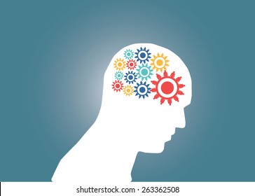 Abstract conceptual image of business human brain and gears cogwheel connection teamwork creative template with space as background