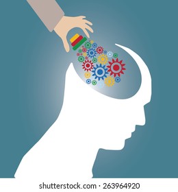 Abstract conceptual image of business human brain and gears cogwheel idea connection teamwork and hand put creative template with space as background