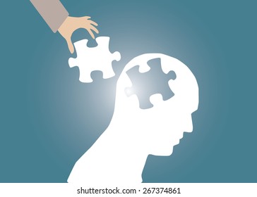 Abstract conceptual image of business human brain and hand put jigsaw idea connection teamwork for creative template with space as background