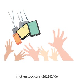 Abstract conceptual image of business technology victim, many hands catching and follow trends of mobile, tablet devices, can use as background
